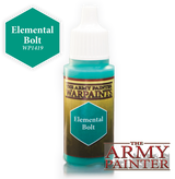A dropper bottle of turquoise paint with a white cap and gold-and-brown label reading “THE ARMY PAINTER WARPAINTS” and “Elemental Bolt.” A matching turquoise hexagon labeled “Elemental Bolt” and “WP1419” appears beside it, with The Army Painter logo at the lower right.