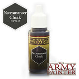 A small dark paint bottle with a white dropper cap and gold-and-black label reading “THE ARMY PAINTER WARPAINTS” and “Necromancer Cloak.” A matching black hexagon swatch and large “THE ARMY PAINTER” logo appear beside it on a white background.