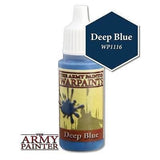 Small dropper bottle of deep blue paint with a white ribbed cap and a cream illustrated label reading “THE ARMY PAINTER WARPAINTS” and “Deep Blue.” A dark blue hexagon beside it reads “Deep Blue WP1116,” with The Army Painter logo below.