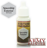 A small white dropper bottle of hobby paint with a gold, olive-brown and red label reading “THE ARMY PAINTER WARPAINTS” and “Spaceship Exterior.” A gray hexagon beside it reads “Spaceship Exterior” and “WP1454,” with a large “THE ARMY PAINTER” logo at lower right.
