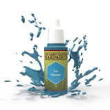 A small bottle of blue-teal paint stands amid splashes of the same color, with a white dropper cap and green label. The label reads “THE ARMY PAINTER WARPAINTS” and “Ice Storm.”