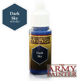 A small dropper bottle of The Army Painter Warpaints, with a white cap, blue neck and base, and a gold-and-black label marked “Dark Sky.” A dark blue hexagon beside it reads “Dark Sky” and “WP1415”; the “THE ARMY PAINTER” logo appears at lower right.
