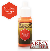 A small orange paint bottle with a tall white cap and gold-and-black label marked “THE ARMY PAINTER WARPAINTS” and “Mythical Orange.” Beside it is a red-orange hexagon labeled “Mythical Orange” and “WP1442,” with a large Army Painter logo at lower right.