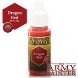 A red paint bottle with a white dropper cap and a gold-and-black label reading “THE ARMY PAINTER WARPAINTS” and “Dragon Red.” A red hexagon beside it reads “Dragon Red WP1105,” with a circular 100% match badge and a large Army Painter logo below.