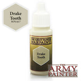 A small paint bottle with a white dropper cap and a cream-and-dark olive label reading “THE ARMY PAINTER WARPAINTS” and “Drake Tooth.” A matching pale beige hexagon at upper left reads “Drake Tooth” and “WP1417,” with a large “THE ARMY PAINTER” logo at lower right.