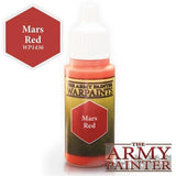 A small bottle of Mars Red hobby paint with a white dropper cap and a yellow-and-black label featuring a red hexagon marked “Mars Red.” A matching red swatch at left reads “Mars Red” and “WP1436,” with “THE ARMY PAINTER” branding at lower right.