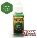 Small bottle of green Warpaint with a white ribbed cap and green paint visible at the neck and base. The label reads “THE ARMY PAINTER WARPAINTS” and “Mouldy Clothes”; a green hexagon beside it reads “Mouldy Clothes WP1439.”
