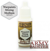 White dropper bottle of Warpaints Mixing Medium with a gold-and-cream label reading “Warpaints Mixing Medium” and “EFFECTS.” A matching hexagon callout shows “WP1475,” beside The Army Painter logo on a black background.