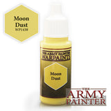A small dropper bottle of pale yellow paint with a white cap and dark label reading “THE ARMY PAINTER WARPAINTS” and “Moon Dust.” A matching yellow hexagon swatch marked “Moon Dust WP1438” appears beside it, with The Army Painter logo at lower right.