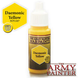 A yellow paint bottle with a white dropper cap stands against a white background. Its label reads “Daemonic Yellow” and “WARPAINTS”; a yellow name badge and Army Painter logo graphics appear beside and below the bottle.
