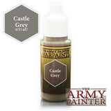 A small bottle of grey Warpaint with a tall white cap and a brown-and-yellow label reading “THE ARMY PAINTER WARPAINTS” and “Castle Grey.” A grey hexagon swatch at upper left reads “Castle Grey WP1407,” and a large “THE ARMY PAINTER” logo appears at lower right.