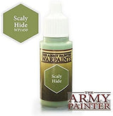 A green paint bottle with a white ribbed dropper cap stands on a white background. Its label reads “Scaly Hide” and “WARPAINTS,” with a matching green hexagon color swatch marked “Scaly Hide WP1450” and “THE ARMY PAINTER” logo beside it.
