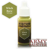 A small dropper bottle of olive-green paint with a white ribbed cap and a dark green and gold label reading “THE ARMY PAINTER WARPAINTS” and “Witch Brew.” A matching hexagonal swatch reads “Witch Brew WP1465.”