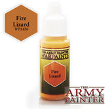 A small paint bottle with a white dropper cap and a yellow-to-dark-green label, featuring an orange hexagon marked “Fire Lizard.” A matching hexagon sits at upper left, and “THE ARMY PAINTER” appears at lower right.
