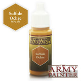 A small upright paint bottle with a white dropper cap, ochre-colored contents and a dark label reading “THE ARMY PAINTER WARPAINTS” and “Sulfide Ochre.” An ochre hexagon swatch at upper left reads “Sulfide Ochre WP1456,” with “THE ARMY PAINTER” logo at lower right.