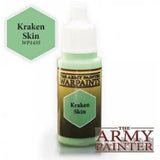 A small dropper bottle of Army Painter Warpaint stands beside a green hexagon swatch labeled “Kraken Skin” and “WP1435.” The bottle has a pale green cap and base, a dark green body, and a gold label reading “WARPAINTS” and “Kraken Skin”; “THE ARMY PAINTER” appears at lower right.
