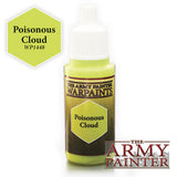 Front view of a small paint bottle with a white dropper cap, bright yellow-green neck and base, and a dark label bearing a yellow-green hexagon. The label reads “The Army Painter Warpaints” and “Poisonous Cloud”; a matching “Poisonous Cloud” badge and “The Army Painter” logo appear beside it.