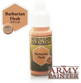 A small dropper bottle of peach-tan paint stands upright on white, with a cream cap and dark green-and-gold label reading “THE ARMY PAINTER WARPAINTS” and “Barbarian Flesh.” A matching color swatch graphic at left reads “Barbarian Flesh” and “WP1126,” with “THE ARMY PAINTER” logo at lower right.