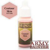 A small paint bottle with a white cap and pale peach-pink paint, labeled “THE ARMY PAINTER WARPAINTS” and “Centaur Skin.” A matching peach hexagonal swatch marked “Centaur Skin” appears beside it, with “THE ARMY PAINTER” logo below.