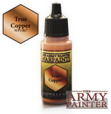 A small paint bottle with a black ribbed cap and copper-colored contents stands beside a copper gradient hexagon labeled “True Copper” and “WP1467.” The bottle label reads “THE ARMY PAINTER WARPAINTS” and “METALLIC,” with a large “THE ARMY PAINTER” logo at bottom right.
