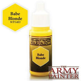 A small paint bottle with a white cap and bright yellow paint is shown upright beside a yellow hexagon labeled “Babe Blonde” and “WP1403.” The bottle label reads “The Army Painter Warpaints” and “Babe Blonde”; the brand name also appears in large text at lower right.