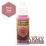 A small paint bottle with a white dropper cap, pink paint visible at the neck and base, and a dark label with a gold border and pink hexagon reading “Pixie Pink.” A matching pink hexagon reads “Pixie Pink WP1447,” alongside the “THE ARMY PAINTER” logo.