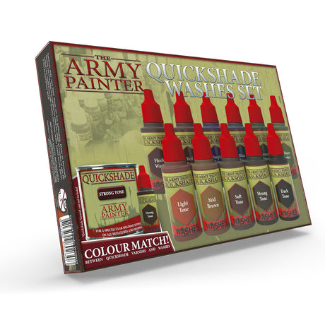 Boxed paint set with an olive-green and tan package, red trim, and several small wash bottles with bright red caps in different colors. The box reads “THE ARMY PAINTER” and “QUICKSHADE WASHES SET.”