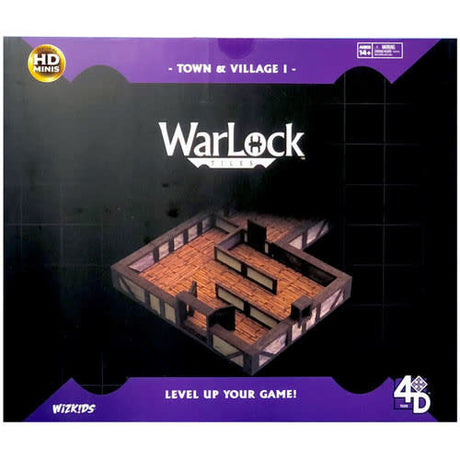 Front of a black-and-purple WarLock Tiles box labeled “TOWN & VILLAGE,” showing a miniature town floor layout with brown plank flooring and gray walls. The box also reads “LEVEL UP YOUR GAME!” and “WizKids.”