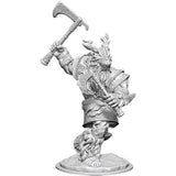 A single monochrome gray, unpainted fantasy miniature of a heavily armored frost giant standing on a round base, raising a large ornate axe overhead and holding a second weapon across his body. Intricate armor, fur and beard details are visible.