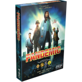 Pandemic board game box shown at an angle, with four disease-response team members, helicopters and a world map graphic on a blue-green cover. The title reads “PANDEMIC,” with “CAN YOU SAVE HUMANITY?” near the bottom and “Z-MAN GAMES” at lower right.