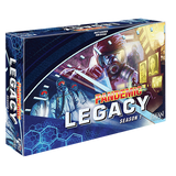 Blue Pandemic: Legacy Season 1 board game box shown at an angle, with dramatic artwork of masked figures in protective gear, a dark blue hexagonal pattern, and a yellow-lit city scene. The cover reads “PANDEMIC LEGACY SEASON 1” and “Z-MAN.”