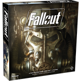 Fallout board game box shown at an angle, with a close-up of a weathered armored helmet on the dark sepia front and a narrow illustrated side panel. Large white “Fallout” lettering appears on the front and spine.